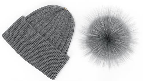 Women Real Fur Pom Pom Winter Ribbed Cuffed Knit Beanie Hat - color: Darkgrey 3