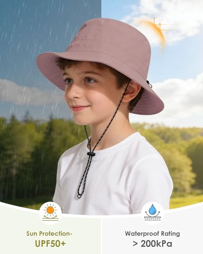 Kids UPF 50+ Waterproof Sun Hat, Packable Wide Brim Bucket Hat - color: Pink