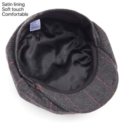 LADYBRO 8 Panel Newsboy Hats for Men Cap Irish Wool Blend Tweed, Adjustable - color: 001 Plaid Black, size: 7 3/4-8