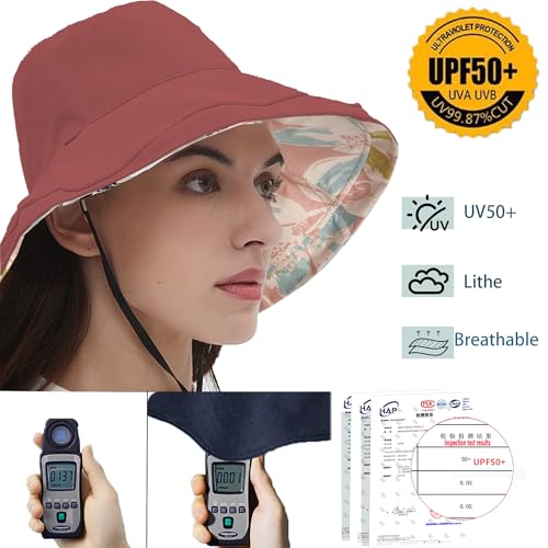 vidsel Womens Sun Hats Wide Brim Reversible Bucket Cotton Hat with Hat Clip - color: Wine Red2, size: Medium