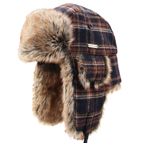 Unisex Winter Trapper Hat Cold Proof Keep Warm Hat with Ear Flaps for Hunting Skiing Trooper Outdoor Activities - color: Dark Plaid Series-red, size: Large-X-Large