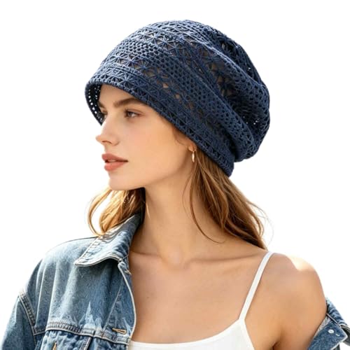 Women's Sparkly Lace Beanie Hat for Women, Lightweight Breathable Knit Skull Cap,Fashion Slouchy Beanie - color: Royal Blue 003