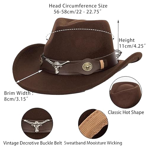 IZUS Women Sparkly-Rhinestone Western-Cowgirl-Hat Glitter-Bling Cowboy-Hat Felt-Rodeo-Hat for Disco-Party Medium/Large - color: Brown-s2 Brown Bull Strap