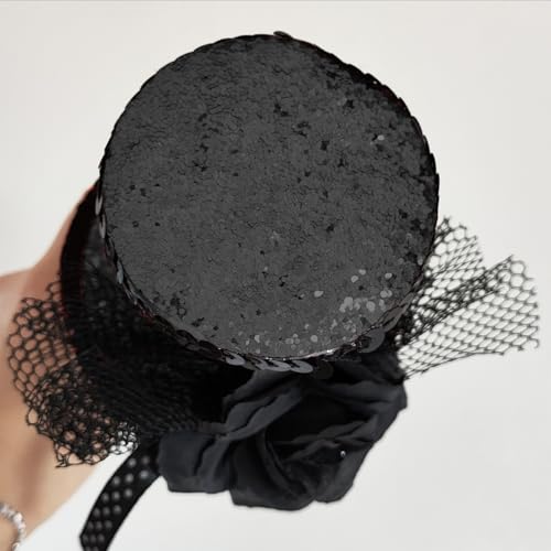 WLBON Halloween Mini Top Hat Headband 1920s Flower Sequins Hair Hoops Bands Fascinator Headpiece Hairband Women Christmas Holiday Festival Parade Cosplay Dress Up Birthday Tea Party Accessories Black - color: Black Tone
