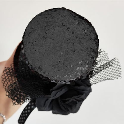 WLBON Halloween Mini Top Hat Headband 1920s Flower Sequins Hair Hoops Bands Fascinator Headpiece Hairband Women Christmas Holiday Festival Parade Cosplay Dress Up Birthday Tea Party Accessories Black - color: Black Tone