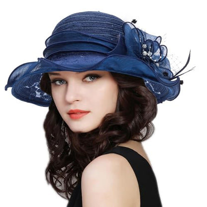 Women Wide Brim Organza Derby Hat Summer Sun Hat Fascinator Bridal Tea Party Wedding Hat - color: Navy