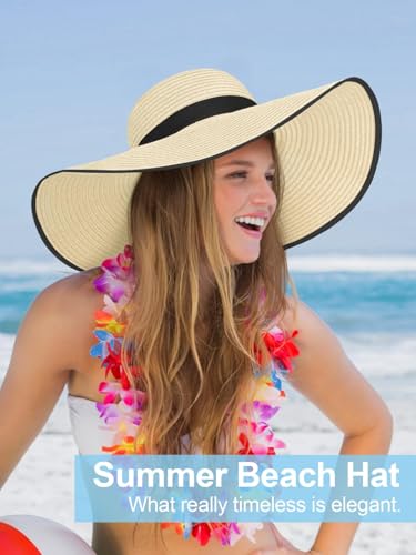 Floppy Sun Hats for Women, Summer Wide Brim Straw Beach Hat - color: Beige Black, size: X-Large