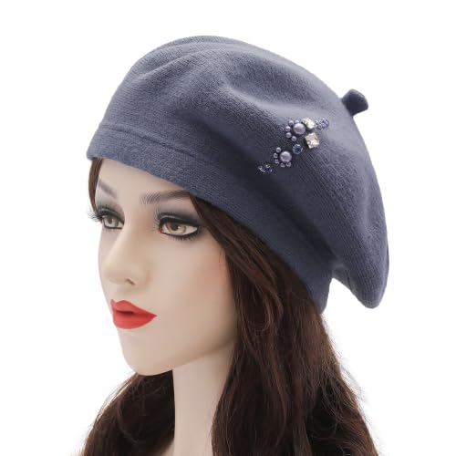 ZLYC Women French Beret Hat Winter Knitted Stretchable Beret Artist Cap - color: Rhinestone Haze Blue