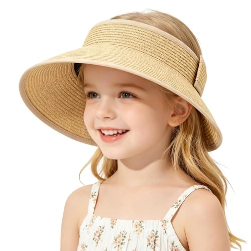 Girls Sun Visor Hat with Ponytail Hole Wide Brim Beach Straw Visor UPF 50+ - color: 1pack-beige