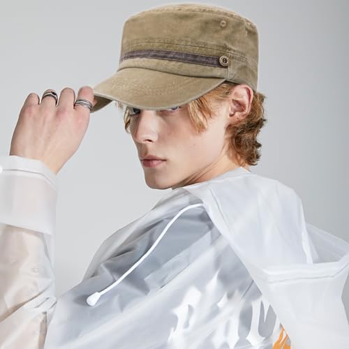 Unisex Cadet Army Cap Adjustable Flat Top Cap Washed Cotton Military Hat Baseball Cap - color: Beige 2