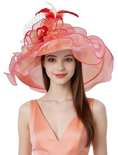 Organza Church Derby Hats for Women Wedding Tea Party Fascinator Floral Wide Brim Sun Hat - color: Style04 Peach Red