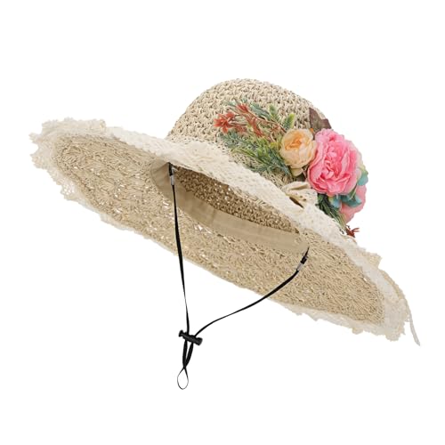 Wide Brim Straw Sun Hats for Women, Elegant Sun Beach Hats with Flower Bow, Adjustable Foldable Summer Vacation Cap - color: Beige