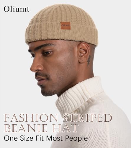Fisherman Short Beanie Hats for Men, Knit Skull Cap Cuff Trawler Hat Mens Stylish Watch Cap Winter Warm Hat for Daily Wear - color: Khaki