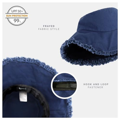 CHOK.LIDS Frayed Bucket Hat Washed Cotton Floppy Wide Brim Boonie Cap - color: Navy