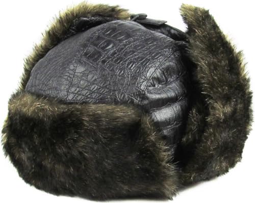 Wool Blend Aviator Trapper hat Trooper Ear Flaps Ushanka Eskimo Russian Warm Winter Cold… - color: Black Pu Leather