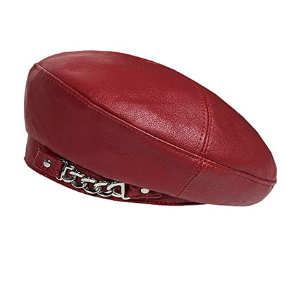 Women's PU Leather French Artist Beret Cap - color: Red