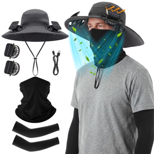 Syhood Solar Powered Fan Hat Neck Gaiter Arm Sleeves Sun Bucket Hat with Fan Cooling Wide Brim Hats for Fishing Hiking - color: Dark Gray, Black, style: Breathable