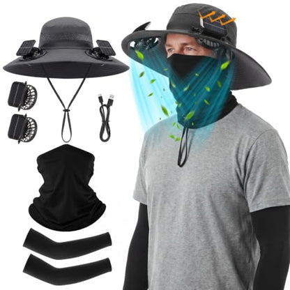 Syhood Solar Powered Fan Hat Neck Gaiter Arm Sleeves Sun Bucket Hat with Fan Cooling Wide Brim Hats for Fishing Hiking - color: Dark Gray, Black, style: Breathable