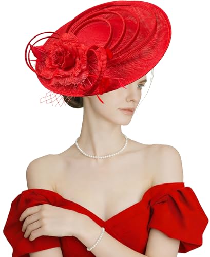 Kidukso Women's Fascinators Hat for Derby Hat Vintage 1920s Hat Headwear for Wedding Cocktail Tea Party Church - color: Red