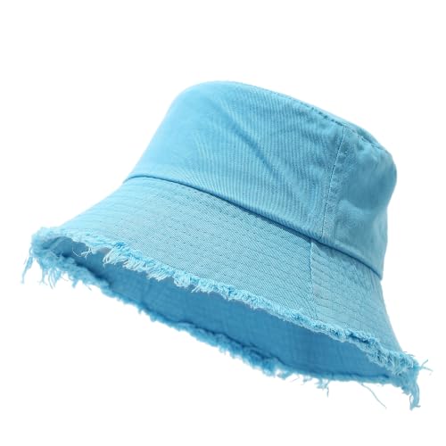 Quanhaigou Frayed Unisex Sun Hats, Fashion Beach Bucket Hat for Men Women,Summer Outdoor Boy's Girls Boonie Cap - color: Vintage Lake Blue