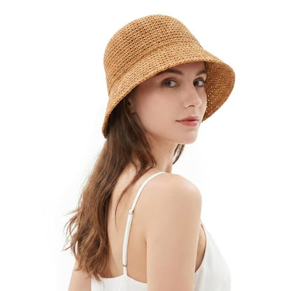 Avxdbr Womens Sun Hat Crochet Straw Bucket Hat Wide-Brimmed Beach Cap