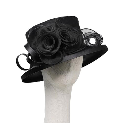 Kentucky Organza Wide Brim Sun Hat, Summer Derby Hat for Tea Party, Wide Brim Bowler Cap - color: Black