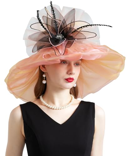 Women Organza Derby Hat Fascinator Tea Party Wedding Church Derby Hat Fascinator Hats Dual-use - color: 02a Pink Orange