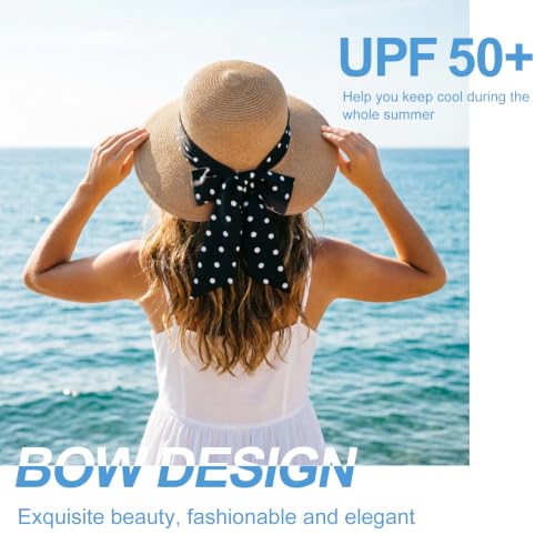 DRESHOW Sun Hats for Women Travel Fedora Foldable Beach Sun Hat Summer Wide Brim Straw Bucket Hat with Bowknot UPF 50+ - color: 1 Pack Bowknot Straw Hat: Khaki With Black Polka Dot Band
