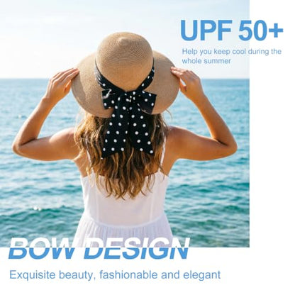 DRESHOW Sun Hats for Women Travel Fedora Foldable Beach Sun Hat Summer Wide Brim Straw Bucket Hat with Bowknot UPF 50+ - color: 1 Pack Bowknot Straw Hat: Khaki With Black Polka Dot Band