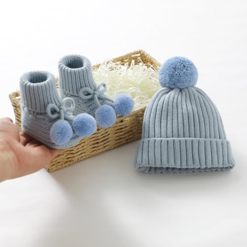 Baby Hats and Booties Set Newborn Knit Pompom Beanie Caps Shoes Winter - color: Blue