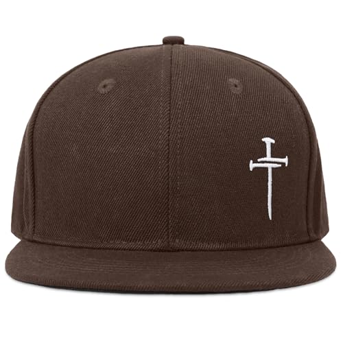 Christian Hats for Men Women - Cross Faith Flat Snapcback Hats - Religious Gifts for Thanksgiving Christmas - color: Brown/Cross White