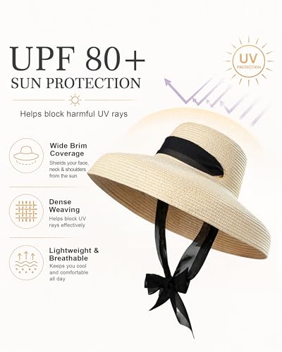 Sun Hats for Women Summer Beach Hat for Women with UV Sun Protection Large Straw Hats for Women with Strap - color: Beige+widebrimribbon
