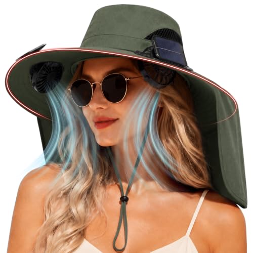 2 in 1 Wide Brim Sun Hat with 2 Solar Fans Sunshade UPF 50+ Garden Outdoor Fishing Beach Essential - color: Deep Green