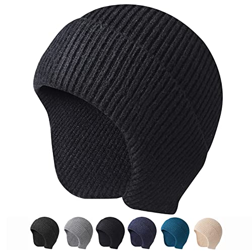Arcweg Beanie with Earflap for Men Women Winter Warm Thermal Hats Stocking Cap Toboggan Outdoor Hat - color: Black