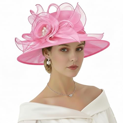 AQOKKA Women Organza Church Fascinators Kentucky Derby Hats for Women and Girls Wedding Flower Tea Party Hat with Wide Brim - color: Organza Rose : Deep Pink