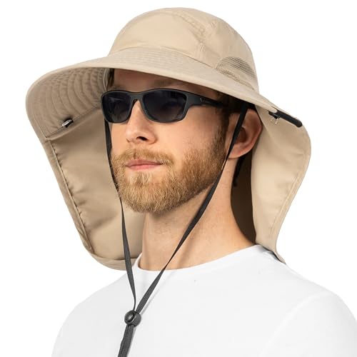 SUN CUBE Wide Brim Sun Hat with Neck Flap for Men Women, UPF50+ Fishing - color: Tan