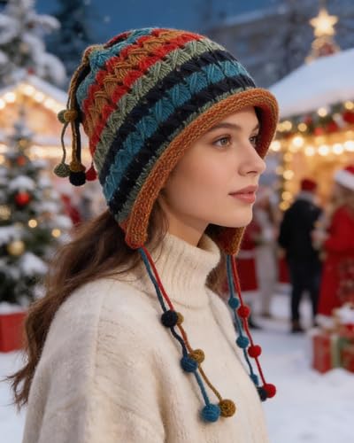 MINGSEECESS Women Girls Knitted Beanie Hat Crochet Braided Knit Warmer Cap Skiing Snowboarding Ear Flap Hats - color: Blue-red
