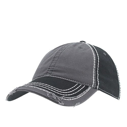 Washed Cotton Distressed with Heavy Stitching Adjustable Baseball Cap - color: Black/Charcoal Gray/Black