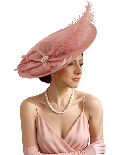 Unpifolov Fascinators Hats Elegant Women Flower Mesh Feathers Wedding Cocktail Bride Headband for Derby Hat Tea Party - color: Pink