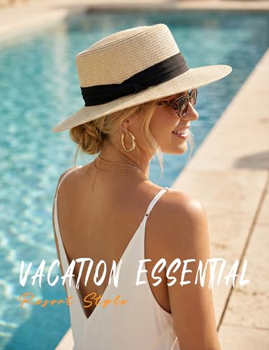 Straw Sun Hats for Women Summer Beach Wide Brim Boater Hat Fashion Travel Vacation Fedora Panama UPF 50+ - color: Beige Black