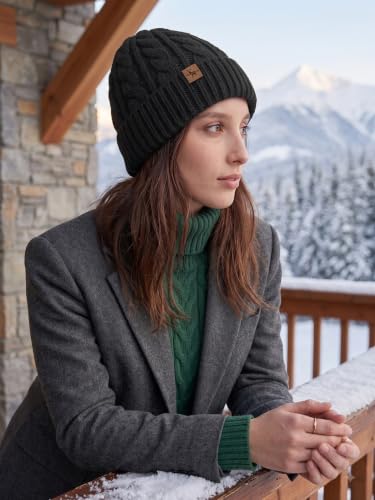 Winter Hats for Women Cable Knit Chunky Skull Cap Fleece Lined Thick Fold Cuff Beanie hat - color: Black, style: Cross Jacquard