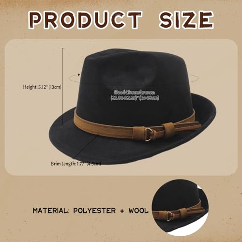 Aroncent Mens Classic Manhattan Fedora Hat: Vintage Short Brim Trilby Jazz Hat with Brown Leather Band - Business Casual Wear - color: Black