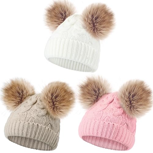 Geyoga 3 Pcs Winter Baby Beanies Double Pompom - color: Light Pink, Cream White, Khaki