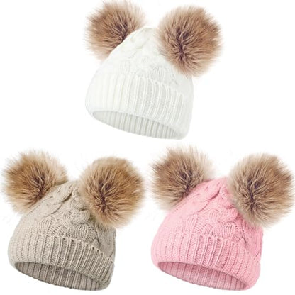 Geyoga 3 Pcs Winter Baby Beanies Double Pompom - color: Light Pink, Cream White, Khaki