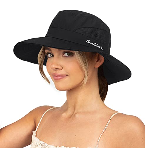 Sun Hat for Women Summer UV Protection Beach Hat with Ponytail Hole - color: Black(with Ponytail Hole)