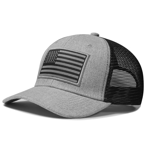 American Flag Trucker Hat, Patriotic Baseball Cap for Men & Women, Breathable Mesh Adjustable Snapback, USA Flag Patch - color: Heather/Black
