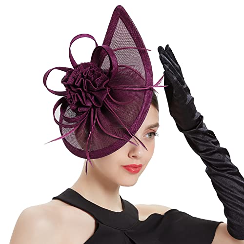 Fascinators Hat for Women Tea Party Headband Mini top Hats Cocktail Flower Mesh Feathers Hair Clip - color: Purple-2