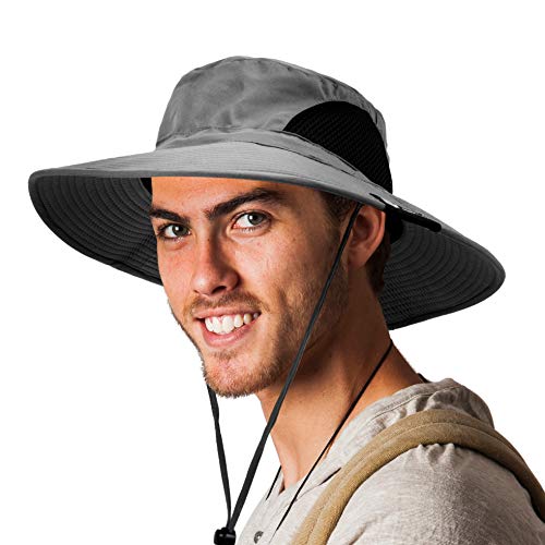SUN CUBE Wide Brim Sun Hat for Men & Women, UPF 50+ UV Protection, Mesh Boonie Hat with Chin Strap, Fishing Hiking Hat - color: Grey