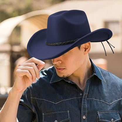 DRESHOW Western Cowboy Hat for Men Women Cowboy Cowgirl Hat Outdoor Wide Brim Retro Felt Fedora Hats Unisex Rolled up Caps - color: 1 Pack Style 9: Navy Blue With Braided Band