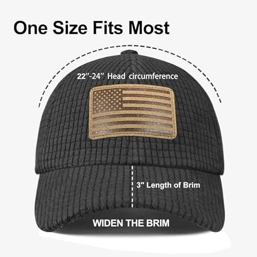 OUTDOOR SHAPING Grid Fleece Dad Cap with American Flag Embroidery & Leather Patch, Waffle Baseball Cap for Men Women - color: Black/Leather Flag